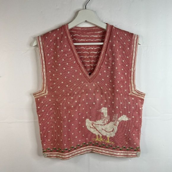 Vintage Goose V-Neck Pullover Sweater Vest Pink White Cottagecore Granny Size L - Picture 2 of 9